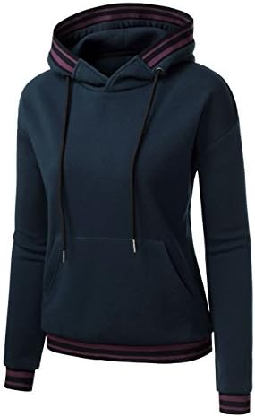Jubby Women's Funnel Neck Stripe Splicing Kangaroo Pocket Fleece Hoodie Top Large Navy