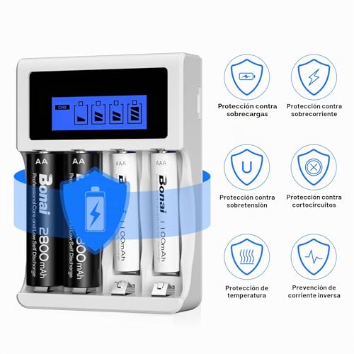 BONAI LCD Rechargeable Battery Charger with 4 Bay AA AAA, 4 Pieces AA 2800mAh & 4 Pieces AAA 1100mAh Ni-MH