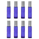 Glass Roller Bottles Cobalt Blue 10 ml 8 Pack with Silver Caps and 25 Removable Labels