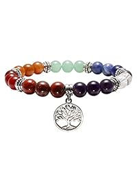 Top Plaza - Pulsera de curación de 7 chakras reiki, piedras reales, yoga, meditación, mala, cuentas elásticas para mujer, aleación de plata, árbol de la vida
