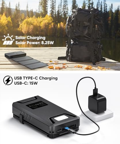 Solar Charger Power Bank 38800mAh with Dual 5V3.1A Outputs 10W Qi Wireless Charger Waterproof Built-in 4 Solar Panel and Bright Flashlights