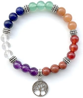 Bamsod 7 Chakra Healing Bracelet with Real Stones Tree of Life Pendant, Volcanic Lava, Mala Meditation Bracelet - Men's and Women's Religious Jewelry