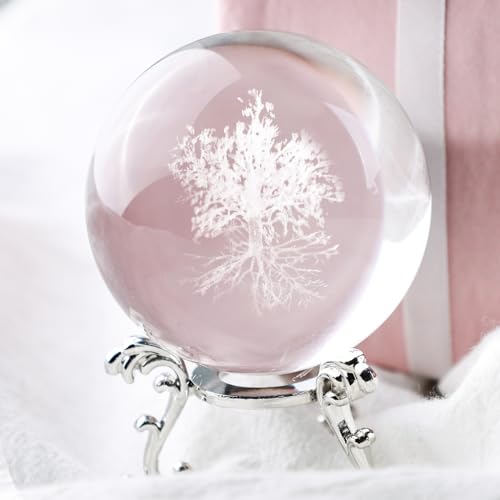 DomeStar Crystal Ball Tree of Life, Glass Sphere 3D Laser Crystal Ball with Stand for Birthady Gift Home Weeding Decor Crafts