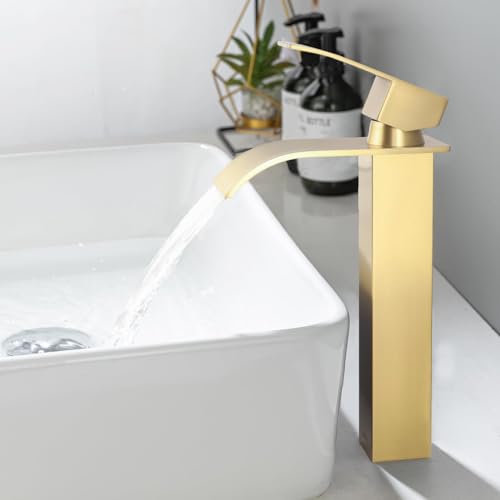 ONECE High Gold Waterfall Basin Faucet, Waterfall Basin Mixer Tap, Single Hole Gold Beach Faucet, Stainless Steel Waterfall Bathroom Sink Faucet, Brushed Gold Tap