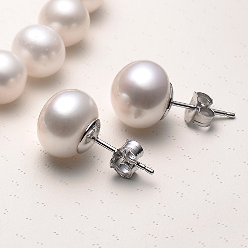 Pearl Earrings 10-11mm Button Freshwater Cultured Pearls 925