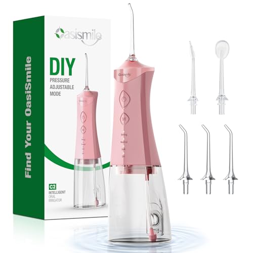 OasiSmile Kabellose Elektrische Munddusche, 4 Modi DIY Druck & 5 Düsen,Rosa