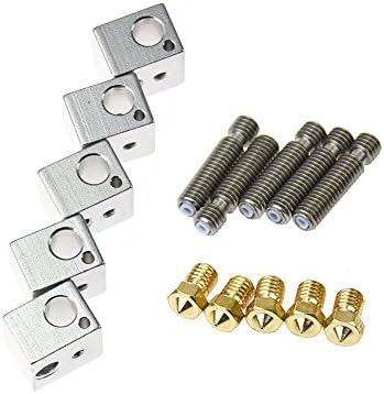 Zomiee 5pcs Extruder 1.75mm Tube + 5pcs 0.4mm Brass Extruder Nozzle Print Heads M6 Threaded + 5pcs Aluminum Heater Block Extruder Kit for E3D V5 1.75mm ABS PLA Filament 3D Printers
