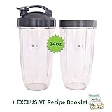 TWO Cups for NUTRIBULLET 24 oz. Tall with Flip Top & Lip Ring + EXCLUSIVE RECIPE Booklet by Nutri Flow - Colossal NutriBullet Cup for Nutri-Bullet 600 and Nutri Bullet 900 W