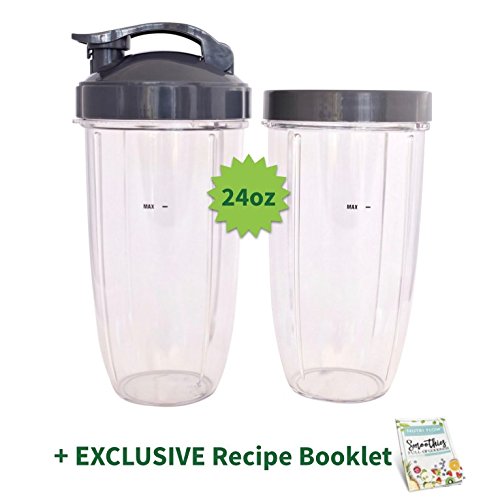 TWO Cups for NUTRIBULLET 24 oz. Tall with Flip Top & Lip Ring + EXCLUSIVE RECIPE Booklet by Nutri Flow - Colossal NutriBullet Cup for Nutri-Bullet 600 and Nutri Bullet 900 W