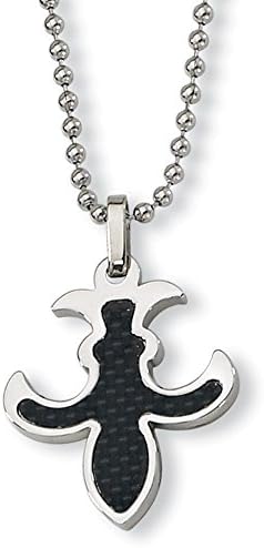 Best Birthday Gift Stainless Steel Polished w/Black Carbon Fiber Inlay Fluer de Lis Necklace
