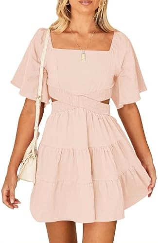 soliloquy linen dress SOLILOQUY Women Tie Shoulder Eyelet Dress Deep V Neck Backless High Waist  Tiered Short Dress Cute Babydoll Sundress (Blue, S) at Amazon Women's  Clothing store