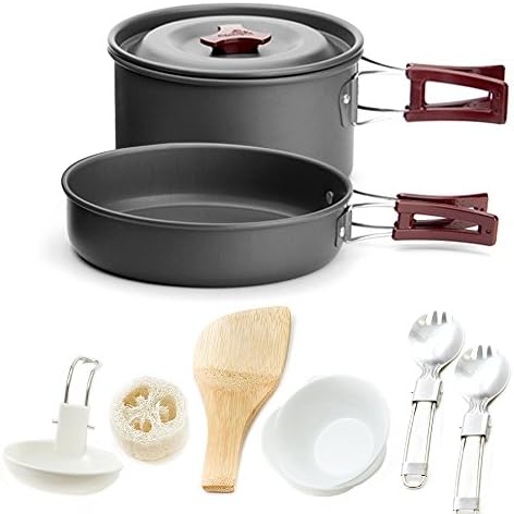 Honest Portable Camping cookware Mess kit Folding Cookset for Hiking Backpacking 11 Piece Lightweigh Durable Pot Pan Bowls Spork with Nylon Bag Outdoor Cook Equipment (Red, 2 Liter Pot)