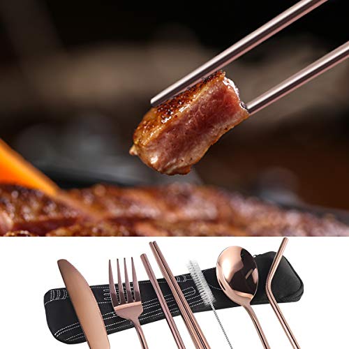 7 Pieces Portable Flatware Set, Healthy Stainless Steel Cutlery Set Silverware Set Travel Utensils Set with Fork Spoon Chopsticks Straws for Travel Camping Office School - Dishwasher Safe&Eco-Friendly - Thumbnail 3