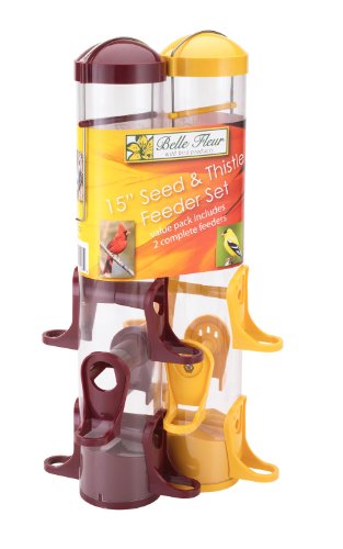 UPC 617313501072, Belle Fleur Seed And Thistle Feeder Set with Six Feeding Ports Each, 15-Inch Tall, 1.6 lb Capacity