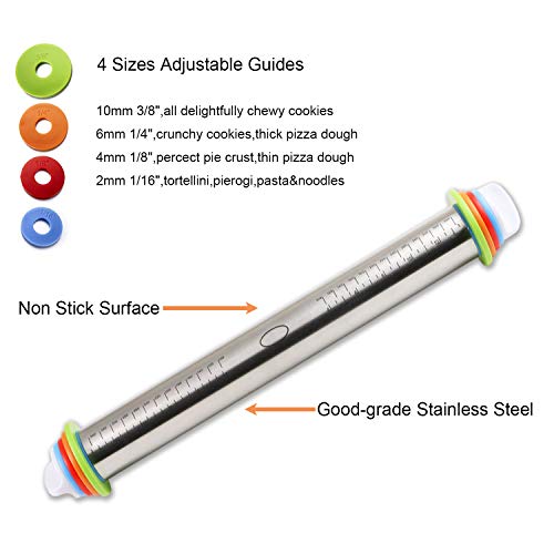 image for Adjustable Stainless Steel Rolling Pin,Evermarket Dough Roller with 4 