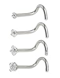 SkullParty 4 Pcs Stainless Steel Nose Rings Studs 18 Gauge Screw Shaped Curved Nose Piercing 1.5mm 2mm 2.5mm 3mm Diamond CZ Nose Stud Screw for Women Girl Piercing - Steel