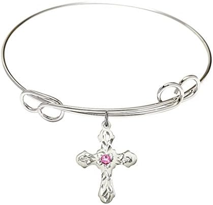 Rhodium Plate Double Loop Bangle Bracelet with October Birth Month Fancy Cross Charm, 7 1/2 Inch
