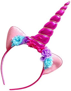 Pop Your Dream Children Unicorn Horn with Flower Cat Ears Headband Headwear for Birthday Cosplay Party Rose Red