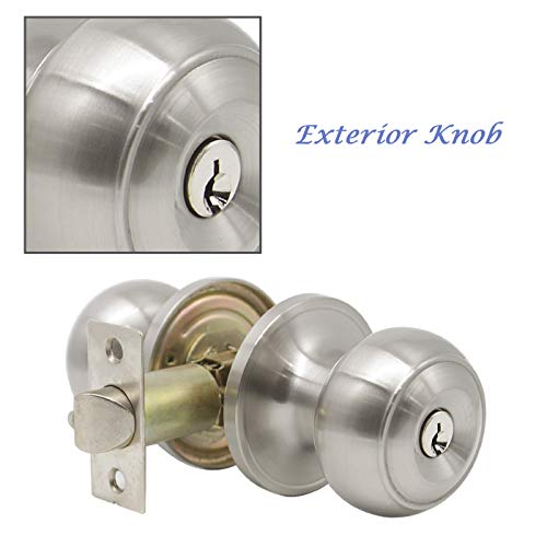 Brushed Nickel Keyed Entry Combo Door Knobs, Exterior Entry Door Handles Keyed Alike, Flat Ball Shape, Door Knobs Contractor Pack of 4