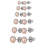 Kesaplan Womens Pure Natural Pearl Stud Earrings Round Ball Jewelry Set of 6 Pairs (3mm-8mm）