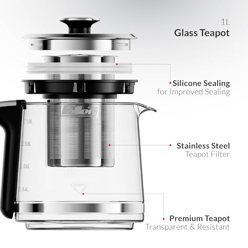 Feller Germany 2200 W 2-in-1 Retro Teamaker/Coffee Maker +1.7L Stainless Steel Electric Kettle with Strix, Adjustable Touch Teapot Temp+LED Display, TS490, 2Y Guarantee-UAE Version (Black)