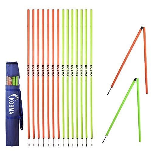 Kosma Pack of 16pc Speed Training Slalom Poles 5ft x 25mm (Foldable) with metal spike - Colour: 8Pc each Yellow, Orange | Agility Football Training Posts in Carry Bag