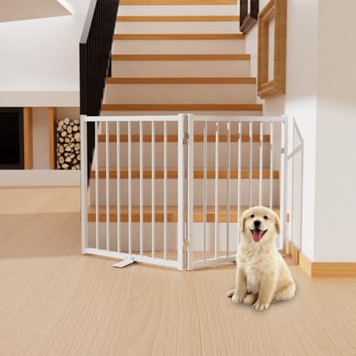 Full Metal Freestanding Gate with Door, 24'' Height Foldable Pet Dog Fence for Indoor & Outdoor, 2 Panels Extra Wide Free Standing Small Dog Gates for Doorways,House,Stairs,Porch,Deck,Yard