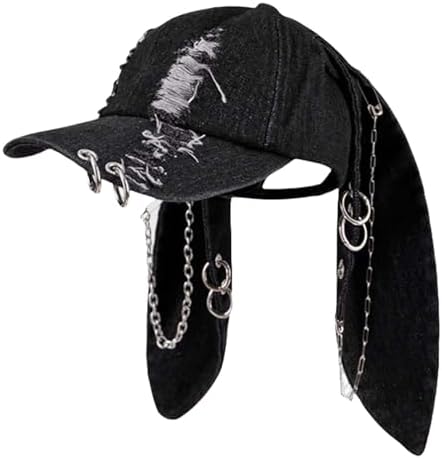 CORIRESHA Cute Bunny Hat with Ears Y2k Grunge Metal Iron Ring