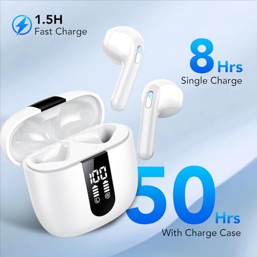 Wireless Earbuds, Bluetooth 5.4 Headphones, HiFi Stereo with 4 ENC Noise Cancellation in-Ear Bluetooth Earbuds, 50H Playback, LED Display, Touch Control, IPX7 Waterproof Ear Buds, White