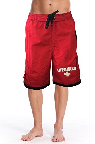Officially Licensed Red LIFEGUARD Men's Board Shorts Swim Trunks (X-Large, Performance Red)