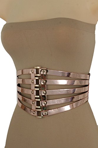 TFJ Women Fashion Wide Corset Belt High Waist Rose Gold Faux Leather Stretch Waistband S M
