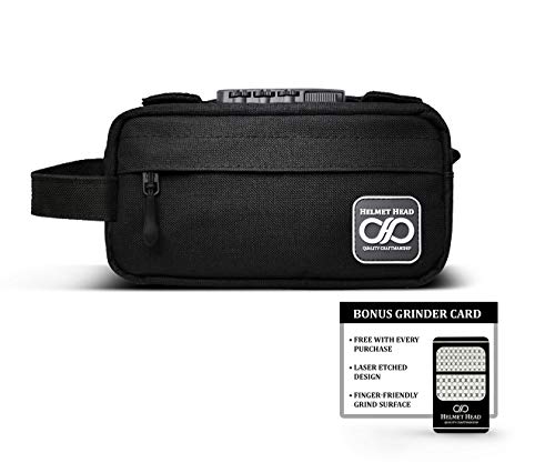 Compact Smell Proof Case + Grinder Card by HELMET HEAD | Durable Water Repellent Smell Proof Container with Combination Lock For Your Herbs + Smelly Accessories: Pipe, Vape, Rolling Papers (Black)