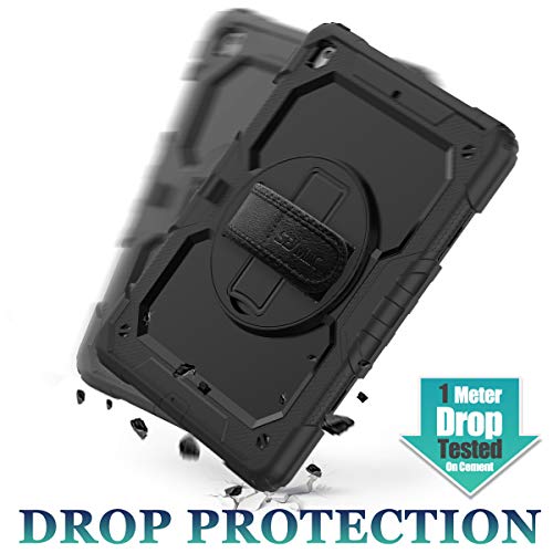 SEYMAC stock Case for iPad 9th/8th/7th Generation 10.2'', [Full-Body] Drop Proof Armor Case with 360° Rotating Stand [Pencil Holder][Screen Protector] Hand Strap, Black