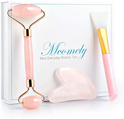 Jade Roller for Face and Gua Sha Set, Jade Roller Face Rose Quartz, Natural Facial Skincare Massage Gua sha Scraper, Jade Roller, Jade Face Roller Bonus Mask Brush