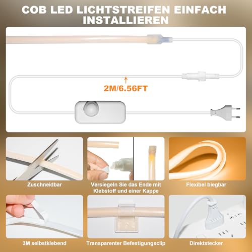 Gliztech IP67 Waterproof COB LED Strip AC 230 V Direct Plug, 20 m Super Bright LED Light Strip, Self-Adhesive Outdoor with Double Fuse Controller, 2700 K LED Strip, Warm White for Garden, Commercial Decoration
