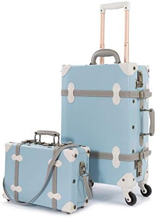UNIWALKER Small 20" Vintage Luggage Set 2 Pieces Women Train Rolling Trunk (20" & 13", Glacier blue)