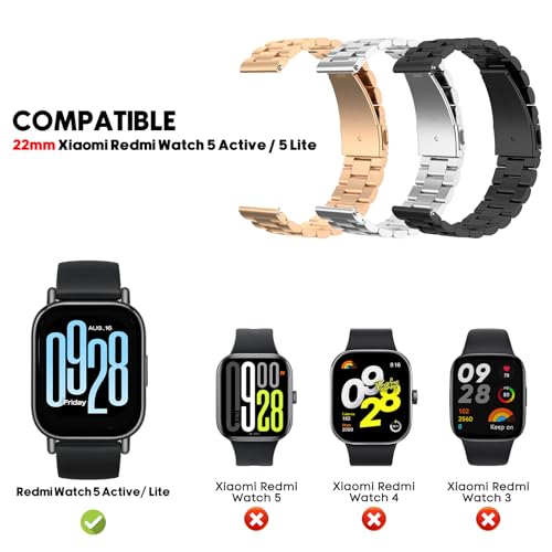 BDIG Metal Strap Compatible with Redmi Watch 5 Active/5 Lite, 22 mm Without Gap Replacement Strap for Redmi Watch 5 Active/5 Lite