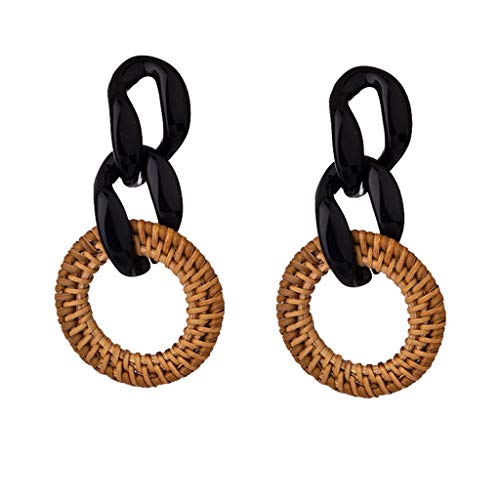 Acrylic Earrings Statement, Haluoo Rattan Hoop Earrings Woven Handmade Weaving Braid Straw Circle Drop Earrings Acrylic Resin Criss Cross Chain Earrings Fashion Jewelry for Women Girls (Black)