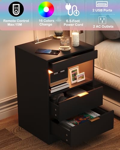 Yusong LED Nightstand Bedside Table with Charging Station 2 Drawers, Black Modern Sofa Couch End Side Table with LED Lights and Pull-Out Shelf for Bedroom Living Room, Wooden