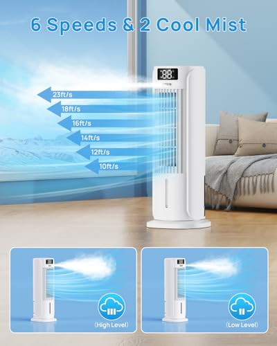 Condizionatore Portatile, 3 in 1 Raffrescatore Evaporativo, 6 Velocità 2 Modalità nebbia fredda, 800ML Raffrescatore d'aria, 90° Oscillazione, Telecomando, Timer 1-12 ore, Silenzioso per Casa Ufficio