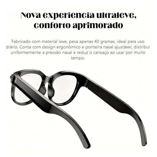 Óculos inteligentes com câmera 2MP, assistente virtual IA, tradução instantânea, reprodução musical, chamadas telefônicas, Wi-Fi 6 Bluetooth 5.4, bateria longa duração, carregamento USB-C