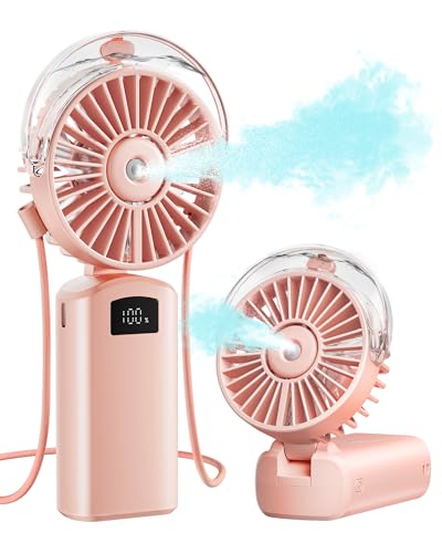 Gaiatop Portable Misting Fan, 180° Foldable Handheld, 3 Speeds USB Rechargeable, Spray Water Mist with LED Digital Display, Personal Cooling Mini Hand Fans for Travel, Hiking, Concert, Outdoor, Pink