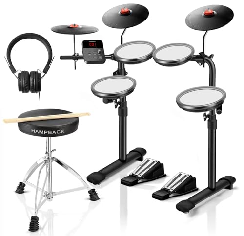 HAMPBACK MK-0 E-Drum Set mit 7" leisen Mesh-Drum-Pads, 8" Full-Rubber-Becken, 12 Kits und 68 authentischen Sounds, USB-MIDI, Drumhocker, Drumsticks, K