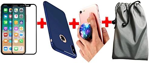Protector Iphone X, Tempered Glass 5D + Case NAVI BLUE TPU + PopSocket + Bag