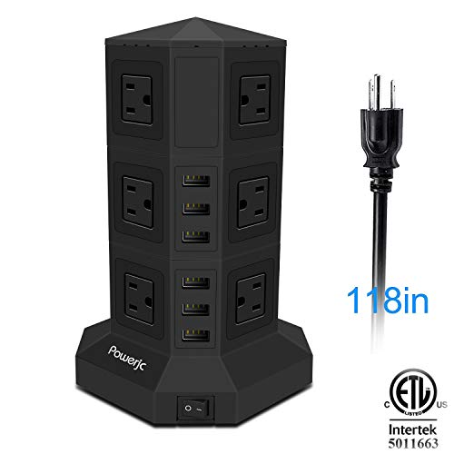 Tower Power Strip Surge Protector 12 AC Outlets with 6 Ports USB Chargers Black-Powerjc