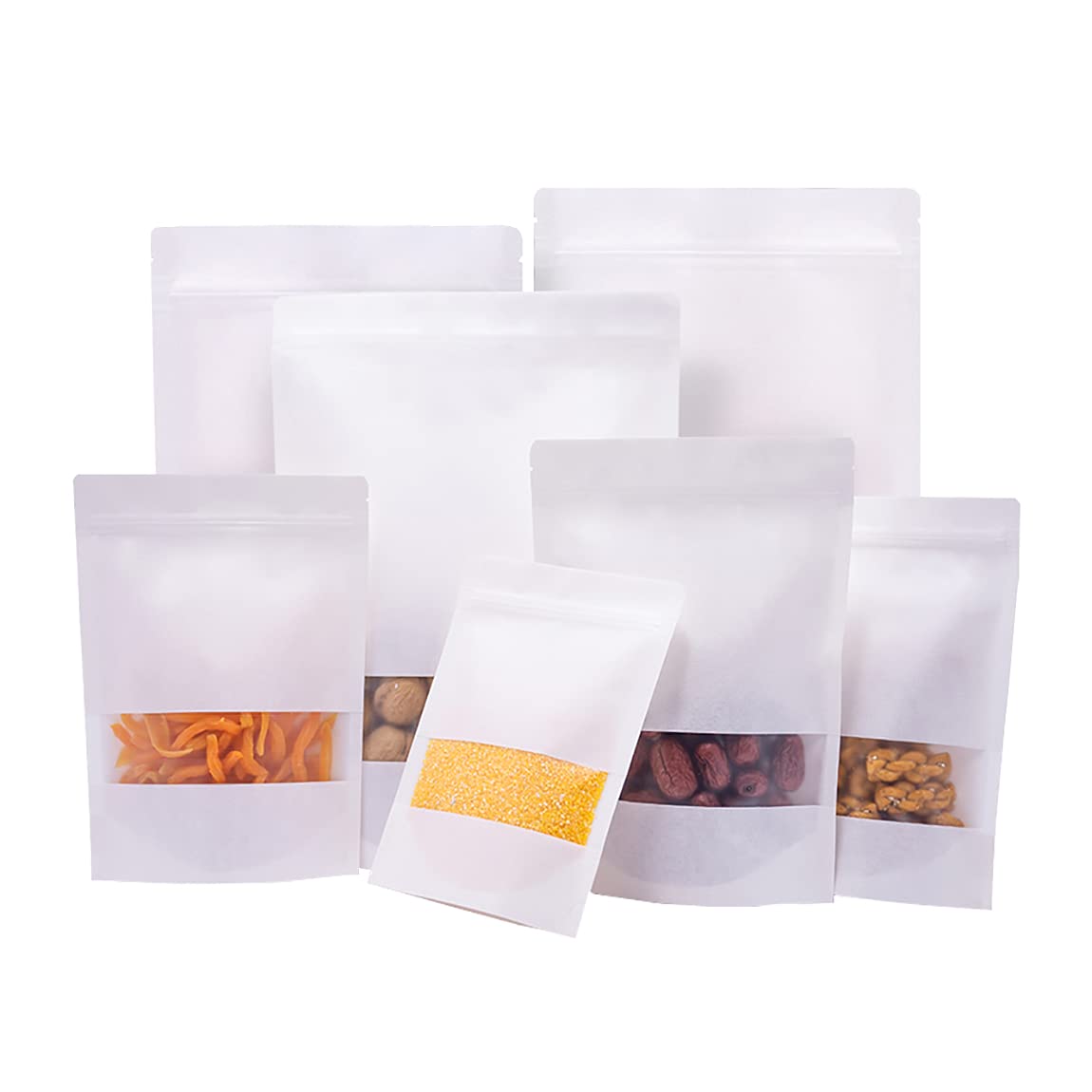 Kraft Resealable Stand Up Pouches with Window, for Nuts, Sweets, Coffee Beans, Grain, Dry Food, Pet Food, etc. 100PCS 90x140mm White