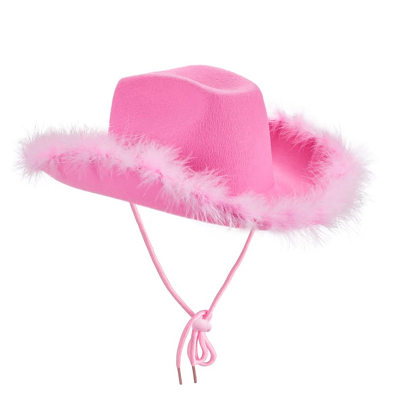 Edhomenn Kids Cowboy Hats, Wide Brim Western Cowgirl Hat with Adjustable Strap, Cowgirl Costume Accessories (03 Pink, One Size)