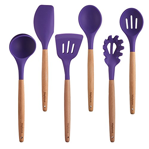 Purple Cooking Utensils, 6 Pieces Natural Wooden Kitchen Utensil Set BPA Free - Silicone Nonstick Heat Resistant Cooking Tools by Maphyton - Thumbnail 6