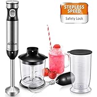 Smart Stepless Immersion Blender, Kealive 4 in 1 Hand blender with All Speed Control Heavy Duty Copper Motor, Includes 304 Stainless Steel Stick Blender, Beaker, Food Processor, Whisk Attachment