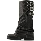 ClassicSter Fold Over Knee High Boots Slouch Boots for Women Chunky Goth Platform Boots,2 inch Heel Wide Calf Long Boots Square Toe Riding Boots